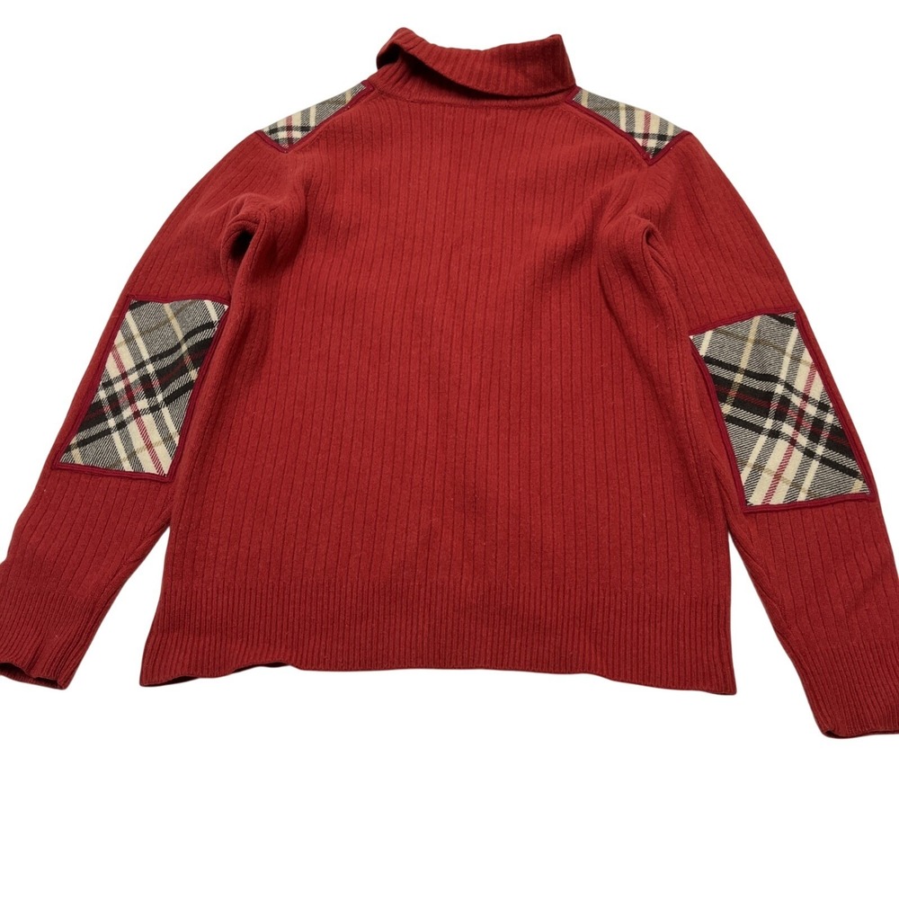 Vintage Scofield Sweater L Red Wool Ribbed Knit Turtleneck Plaid‎ Elbows Preppy